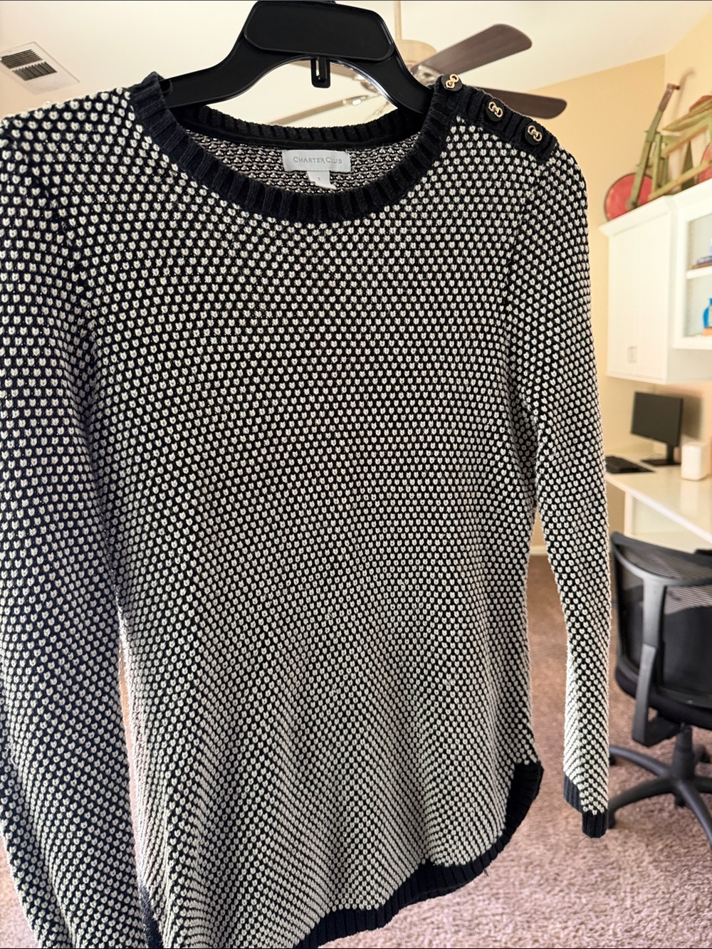 Charter Club Black & White Textured Knit Sweater with Shoulder Buttons